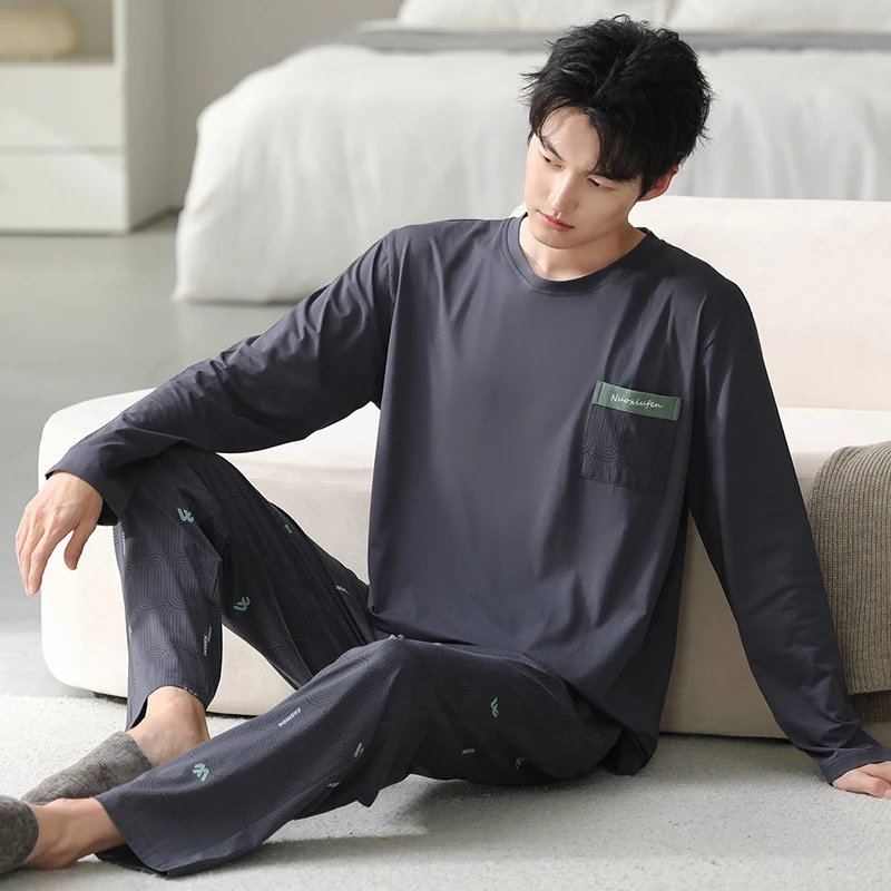 Plus Size L-4XL Men Pajamas Set 100% Cotton Casual Sleepwear Male Autumn Long Sleeve Pyjamas