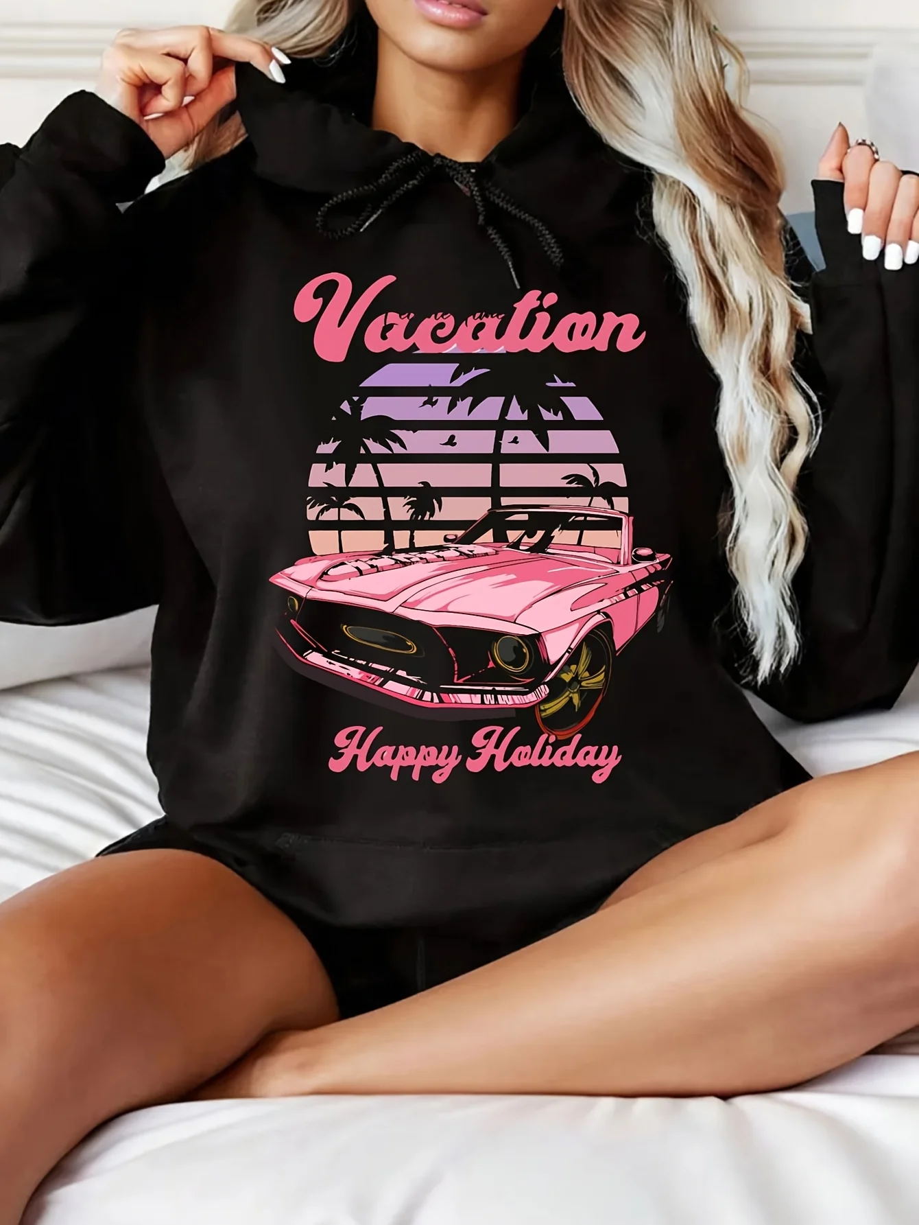 

Женская толстовка с рисунком — с принтом «Закат автомобиля и пальмы», мягкие розовые надписи, свободная повседневная зимняя одежда, можно стирать в машине