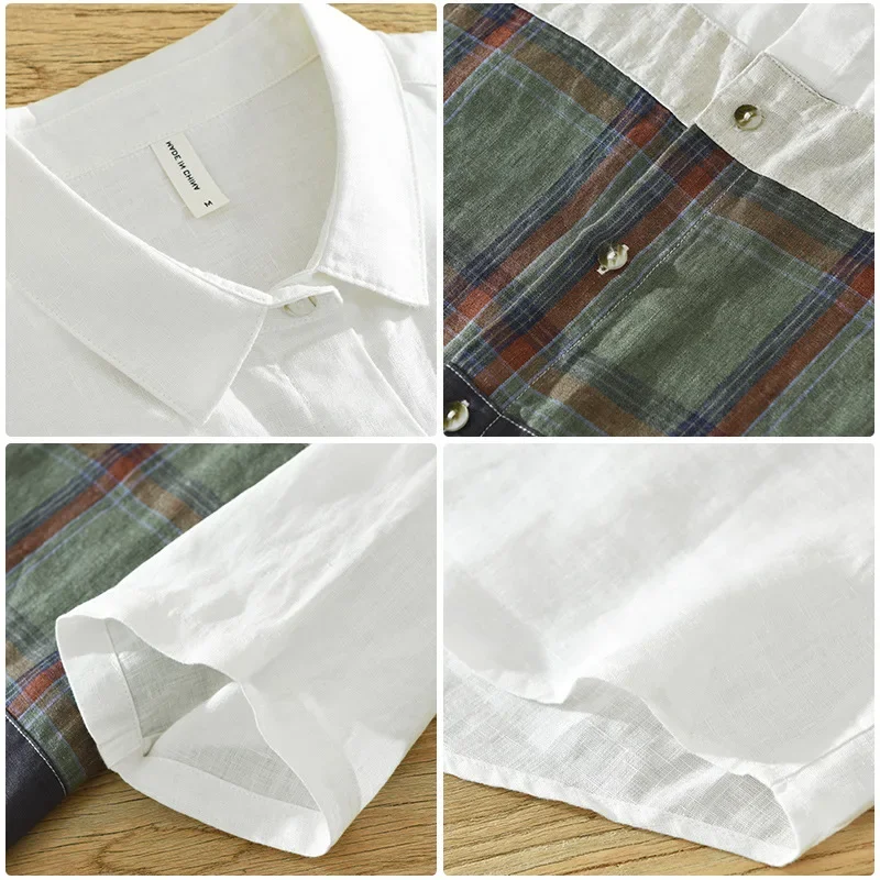 Short Sleeve Shirt for Men Pure Linen Turn-down Collar Casual Shirts Summer New Male Fashion Plaid Patchwork Clothes