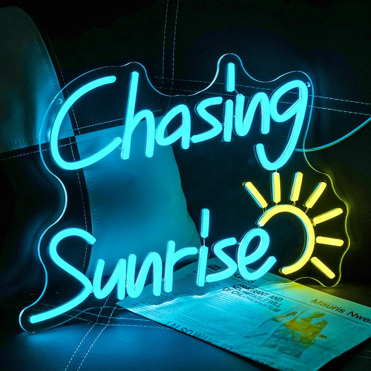 

Неоновая вывеска Chasing Sunrise для декора стен, дизайн солнечных букв, регулируемая светящаяся вывеска для дома, бара, офиса, спальни