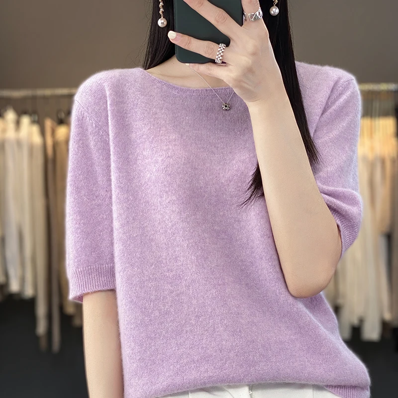 Crew-neck sweater women 100 pure cashmere short-sleeved T-shirt top 2023 autumn knitted Korean version worsted base shirt