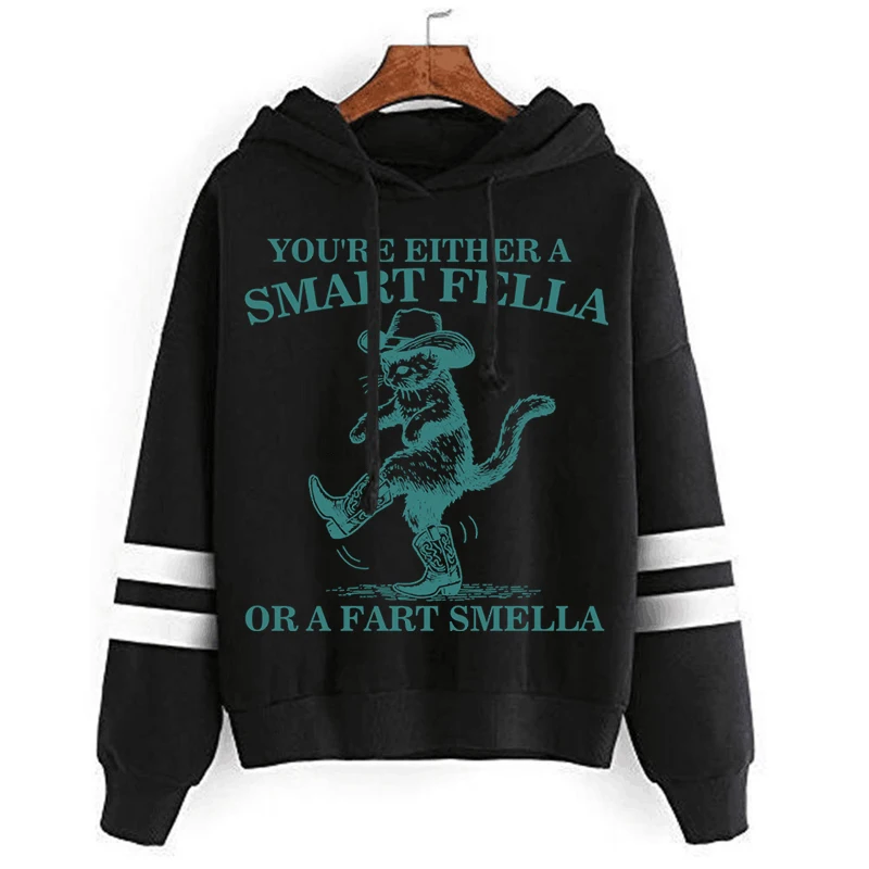 Funny Animal Retro 90s Cowgirl Hoodie Cowboy Cats Smart Fella or Fart Smella Print Men Women Hoodies Cat Lovers Gift Sweatshirt