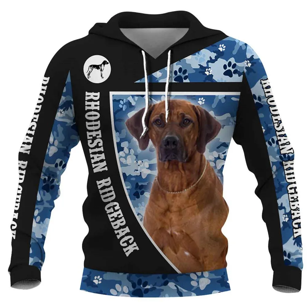 

HX Fashion Animals Hoodies Rhodesian Ridgeback Blue Camo Hoodie Sweatshirts Polyester Printed Pockets Sportswear Streetwear