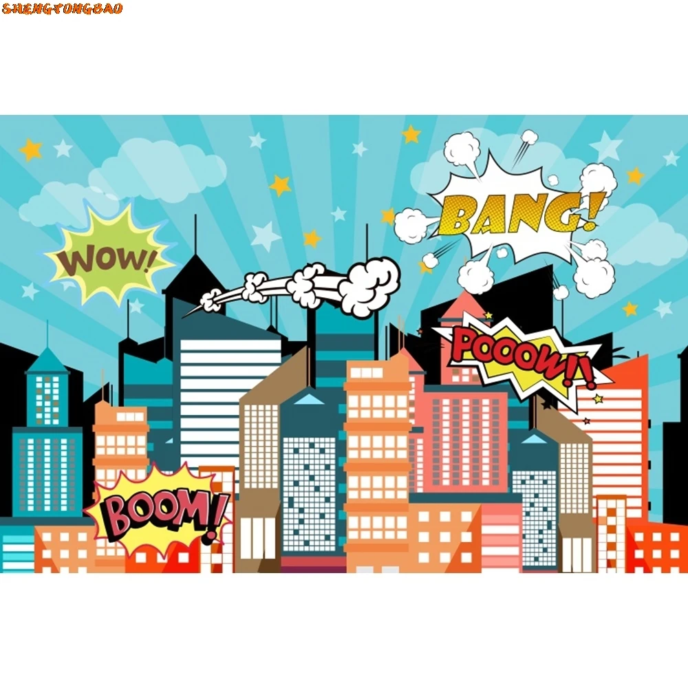 Superhero City Building ฉากหลังทารกแรกเกิด Baby Shower Birthday Party Super Hero การถ่ายภาพพื้นหลังตกแต่ง Photo Studio Props