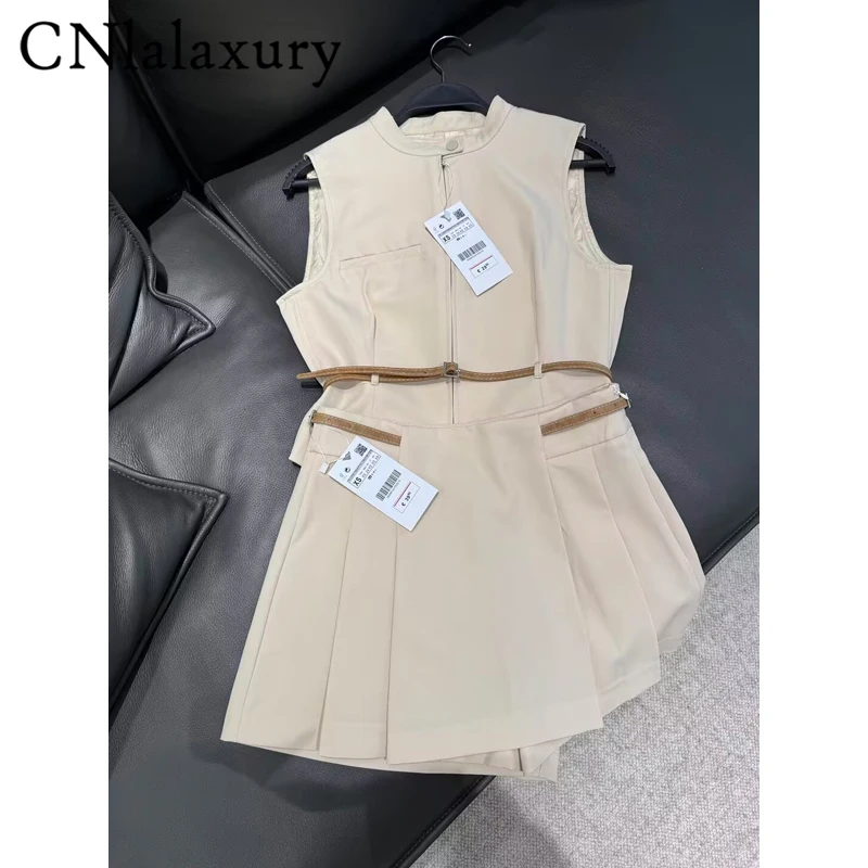 CNlalaxury Women 2 Pieces Belt Short Top Set 2024 Fashion Pleated Mini Skirts Sets For Women Two Piece Set Women Outfit