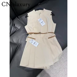 CNlalaxury Women 2 Pieces Belt Short Top Set 2024 Fashion Pleated Mini Skirts Sets For Women Two Piece Set Women Outfit