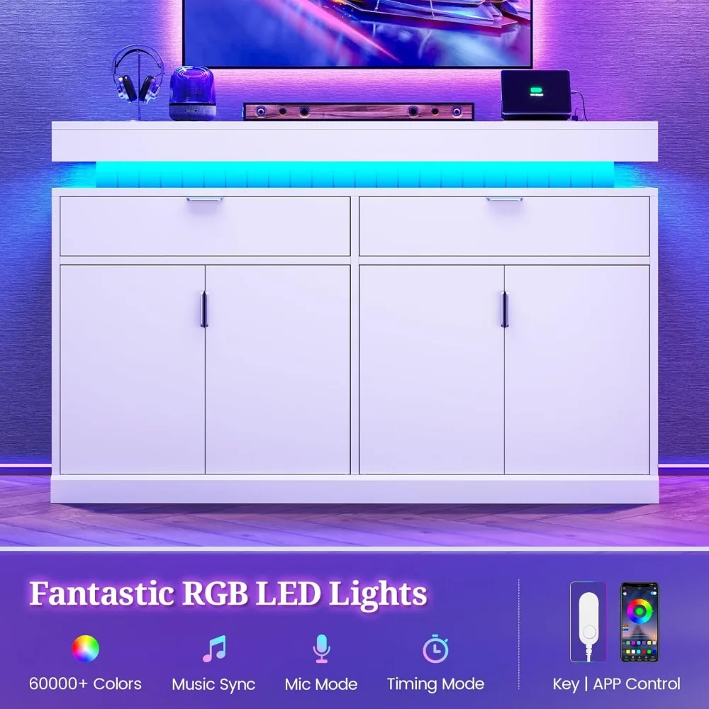 خزانة جانبية بوفيه بيضاء طويلة حديثة مع إضاءة LED ومحطة شحن، أرفف قابلة للتعديل Credenza لبار القهوة والنبيذ