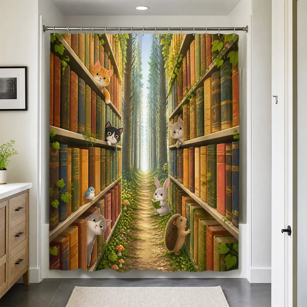 Whimsical Woodland Forest Library Bookshelf Shower Curtain Cute Animal Novelty Bathroom Decor Fantasy Storybook Shower Curtain A