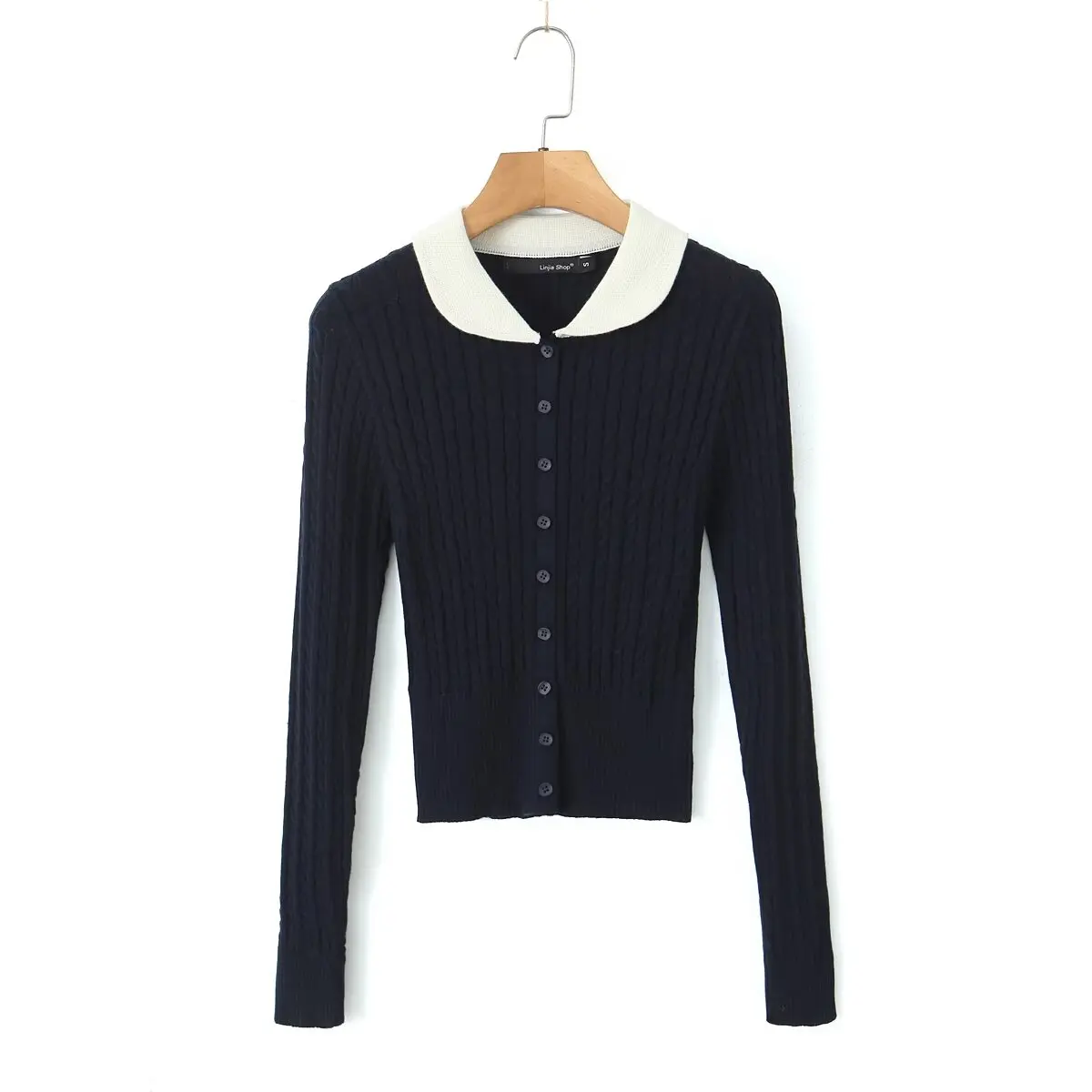 Street Style Blogger Color Block Long Sleeve Knitted Cardigan Sweet Spicy Waist Cinched Casual Top Flip Collar Open Front