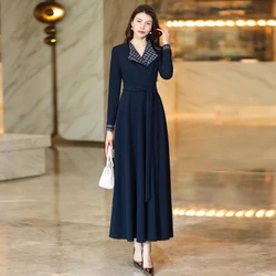 New Women Thick Long Dress Spring Autumn Winter Fashion Stand Collar Long Sleeve Slim Waist Dress Elegant Navy Blue Dress
