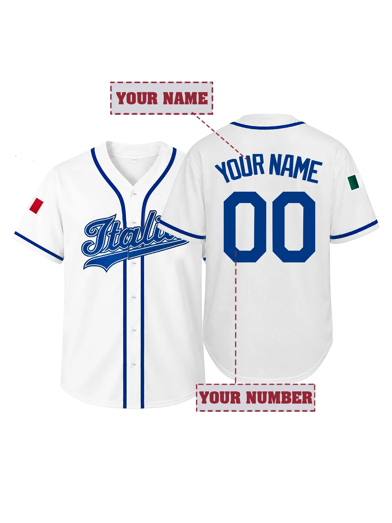 

Custom Embroidered Italy Baseball Jersey Unisex Personalized Name Number White Breathable Fans Sports Shirt S-3XL