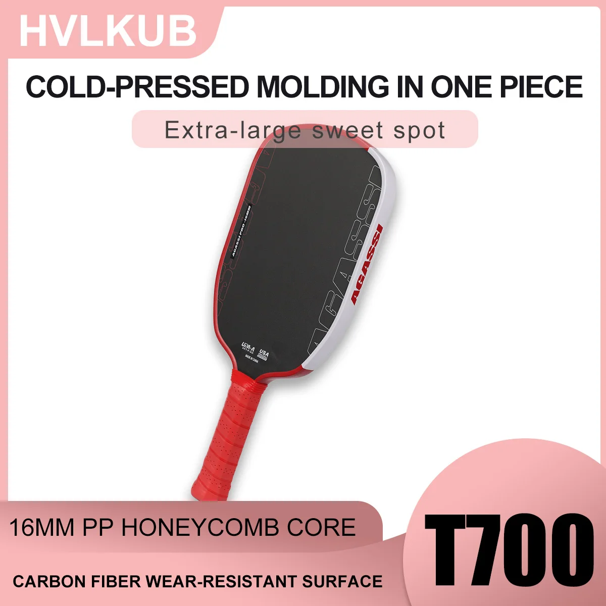 

HVLKUB Agassi T700 Карбоновая ракетка для пиклбола, сердцевина из полипропилена 16 мм, конструкция холодной прессовки, увеличенная зона оптимального удара.