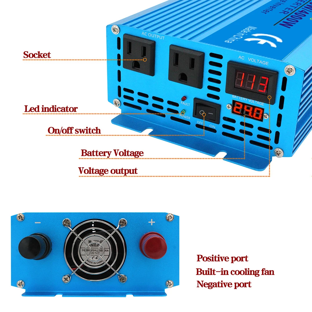 Inversor solar do carro da onda senoidal pura, poder converter, conversor do soquete dobro, DC 12V, 24V a 110V da CA, 2000 W, 3000 W, 4000W