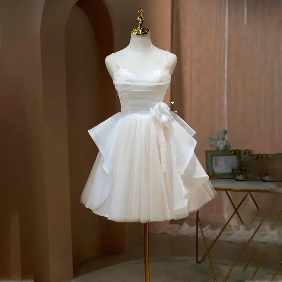 

Breathtaking Short Beaded Wedding Dress with Spaghetti Straps Timeless Mini Bridal Gown Adorned with Flower Waistline for Women