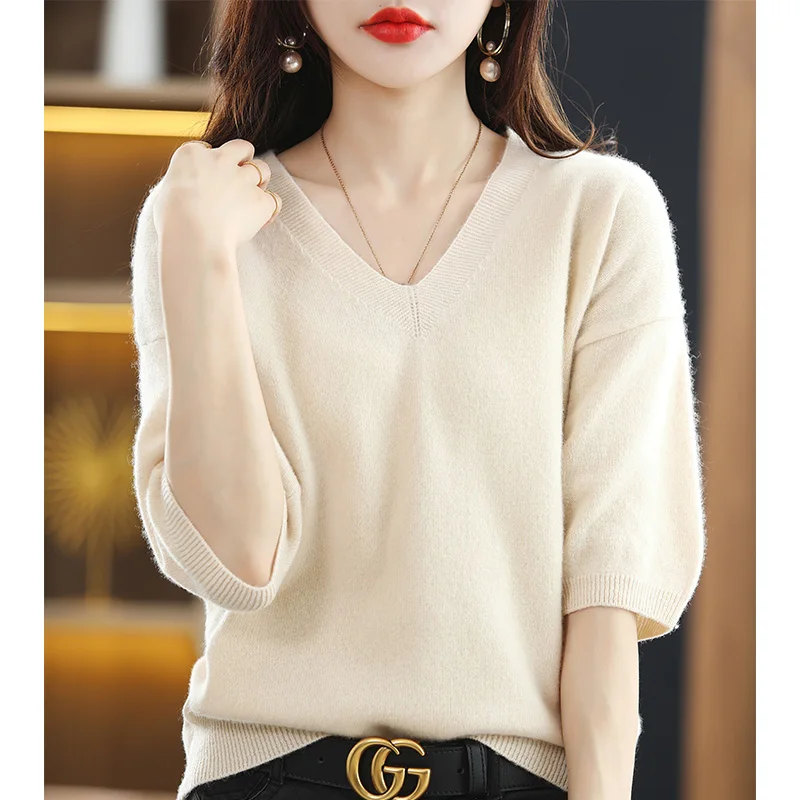 2024V-Neck Sweater Women Knit Short-Sleeve 100%Wool T-Shirt Summer New Pullovers Loose Thin Cashmere Solid Base Shirt Female Top