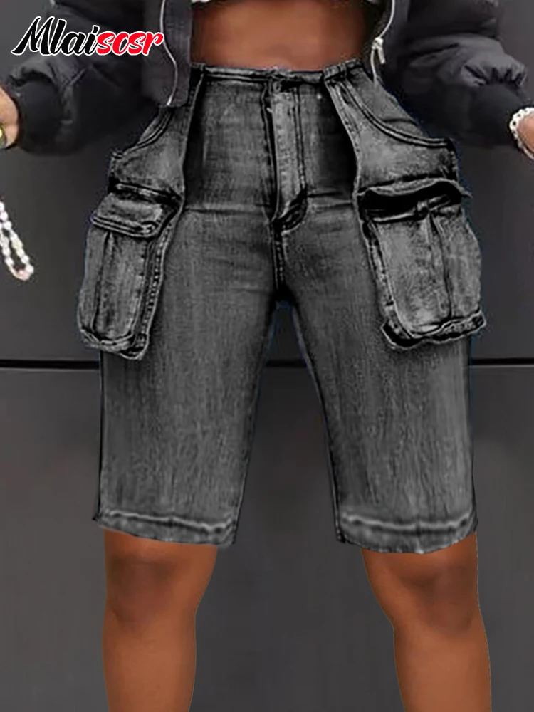 Mlaiscsr Vintage Pocket Cargo Straight Wide Leg Jeans Blue Denim Knee Length Pants Shorts Women Streetwear Trousers Bottoms y2k