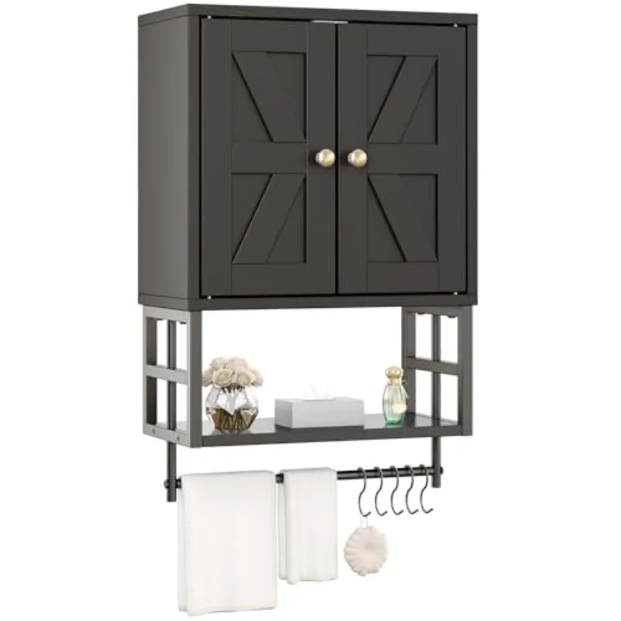 

Farmhouse Medice Cabet - 3-Tier Wall Mounted Storage Organizer with Adjustable Shelves Towel Bar 5 Hooks for Small Bathroom Lau