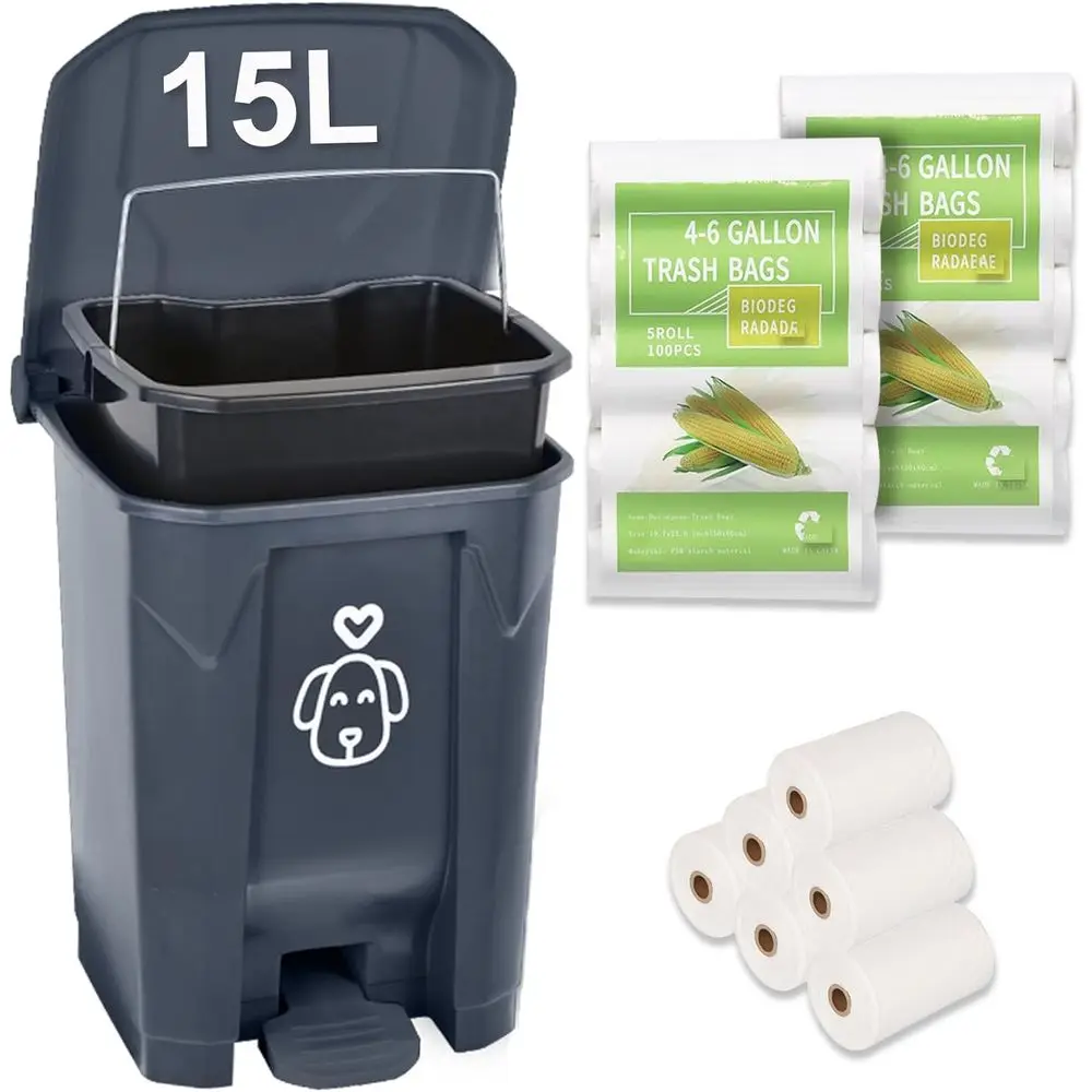 

15L Grey Dog Waste Trash Can with Lid & 290 Bags, Step-on, Removable Bin for Yard & Home