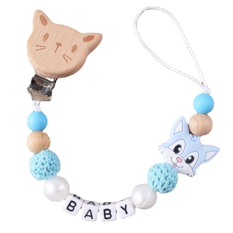 Neue personalisierte Baby Schnuller Clip Buche Holz Tier Clip Benutzerdefinierte Name Beißring Schnuller Anti-Drop Molaren Kette Baby Spielzeug