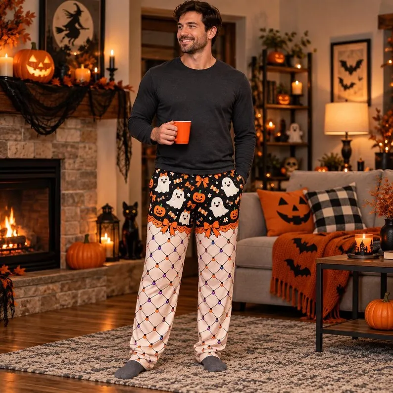 Men Funny Halloween Pajama Pants Ghost Pumpkin Bat Moon Candy Print Wide Leg Trousers Halloween Group Family Party Prank Costume