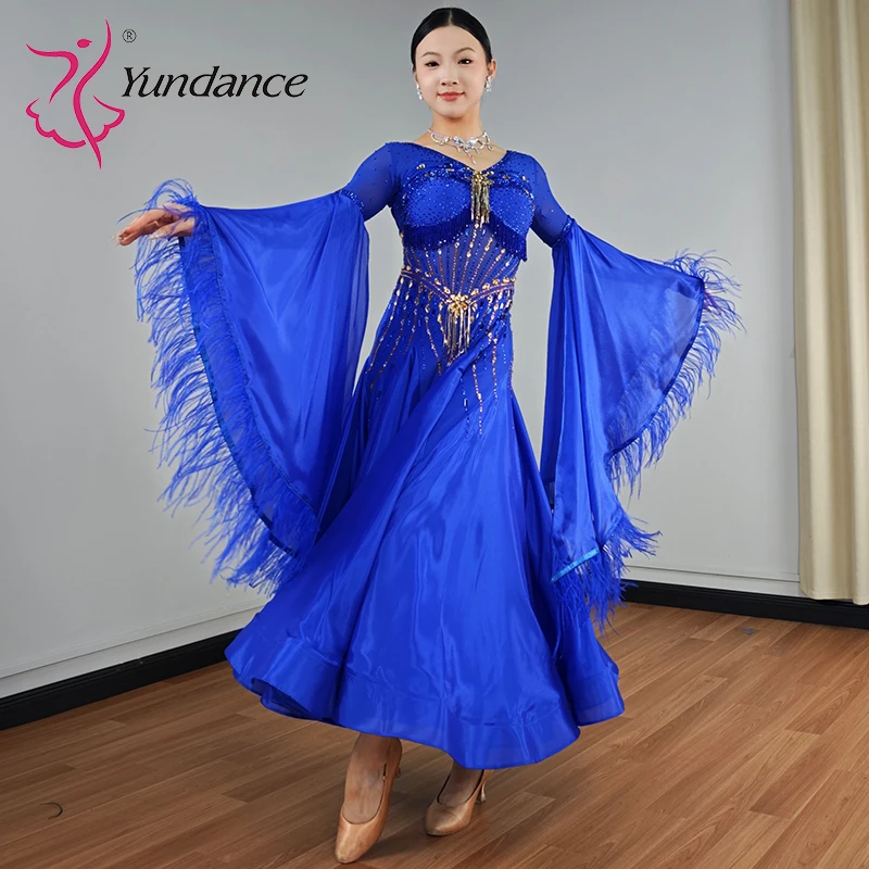 B-25136 Trajes de baile lírico Yundance para mujer, baile de salón, vestidos de baile de vals de gasa satinada azul real para competición