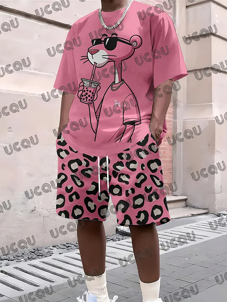 

Pink Panther Tracksuit Sets Summer New Pink Panther Short Sleeve T-Shirt+Shorts Suit Casual Streetwear 2 Piece Male Clothes