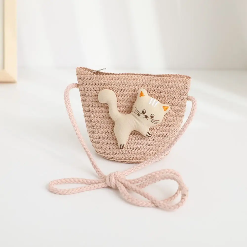 Mini bolso de paja tejido a mano, monedero bonito con cremallera, bolsos de mensajero para niños, accesorios para fotos de gato de dibujos animados, bolso cruzado