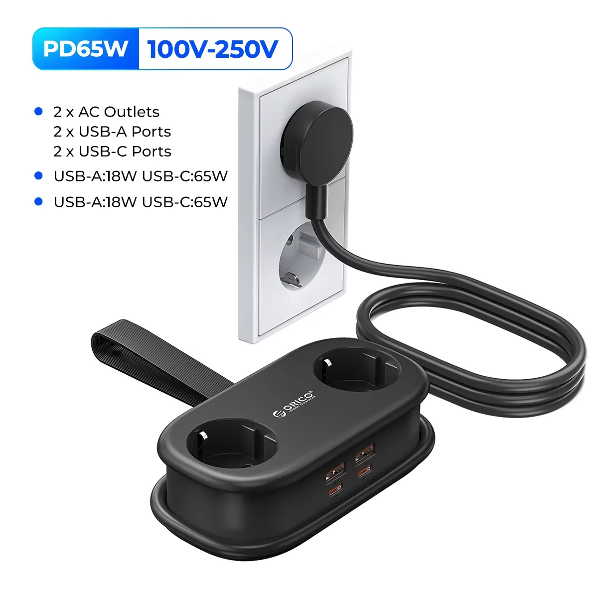 ORICO Cable-Wrap Draagbare reisstekkerdoos 65 W GaN snellaadstation met 2 stopcontacten 2 USB 2 Type-C EU-stekkeradapter Thuis