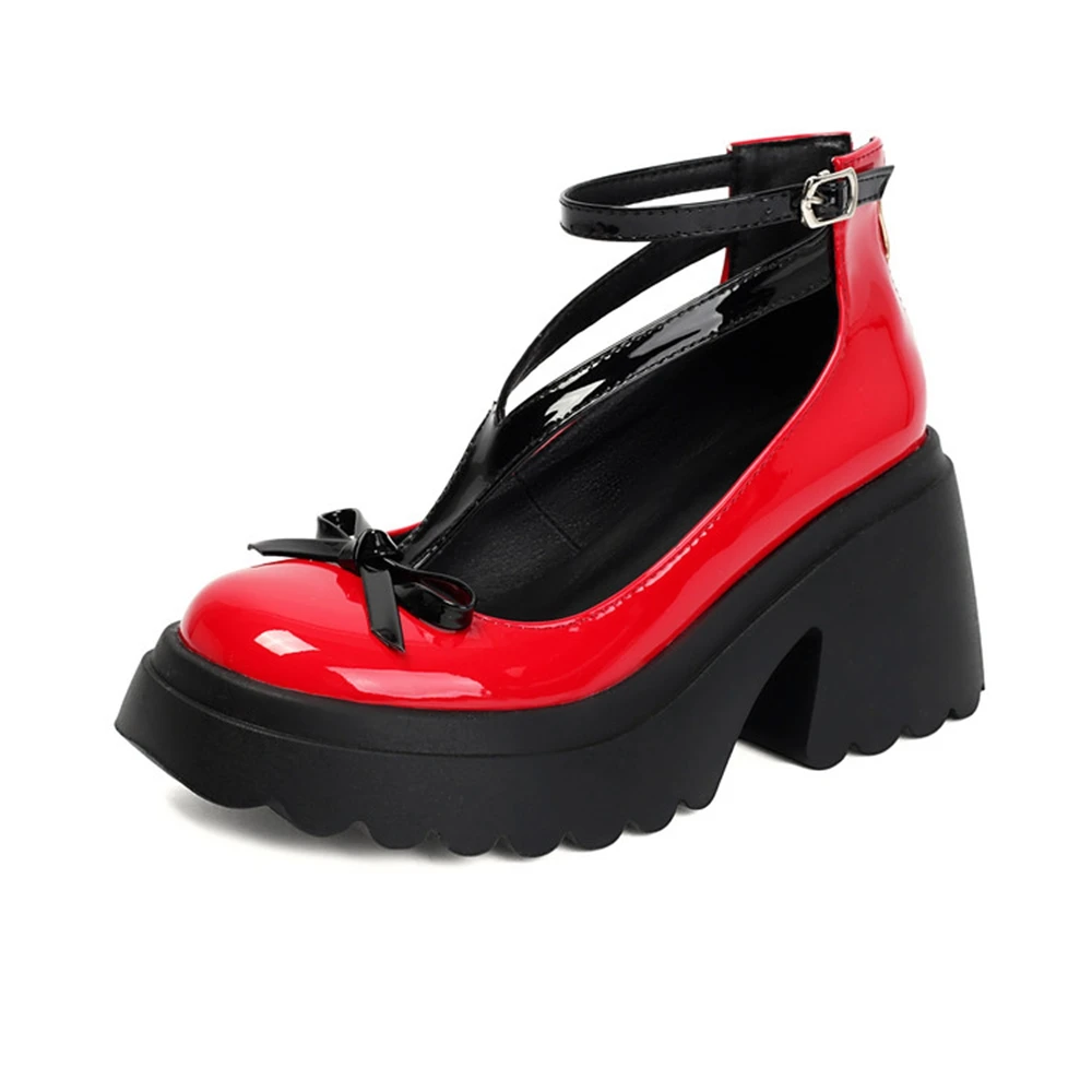 

Gothic Red Black White Patent Leather Platform Mary Janes Women Bow Ankle Strap Chunky Heel Pumps Punk Lolita Party Shoes 2601-5