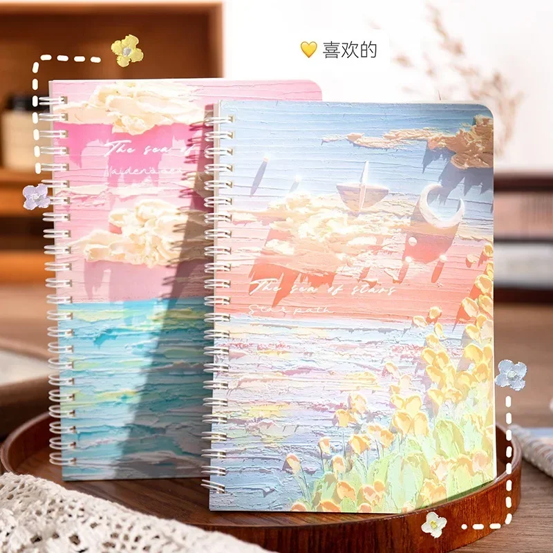 4 Books/Set A5 Oil Painting Style Coil High Quality Kawaii Lined Inner Notebooks Korean Stationery Supplies for School Students