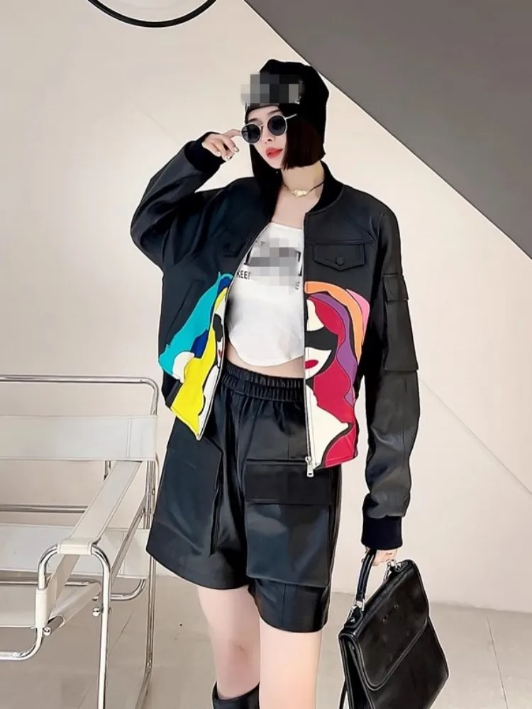 Fashion Women Zipper Stand Collar Colorful Printed Bomber Jacket Spring Autumn Short Style Sheepskin Genuine Leather Jacket Coat