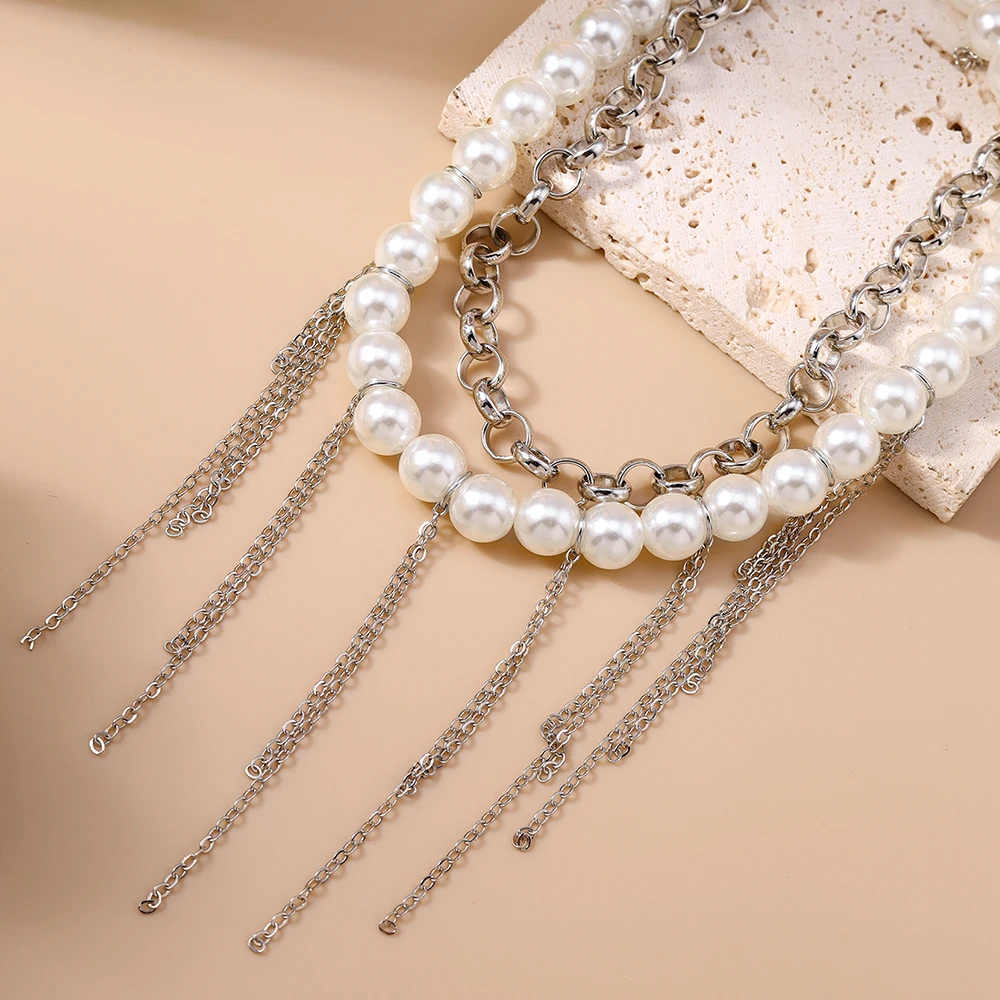 Aihua Mehrschichtige Lange Quasten-Imitationsperlen-Halskette für Damen, Modische Perlen-Choker-Ketten, Y2K Hochzeitsschmuck Geschenke – Detail 4
