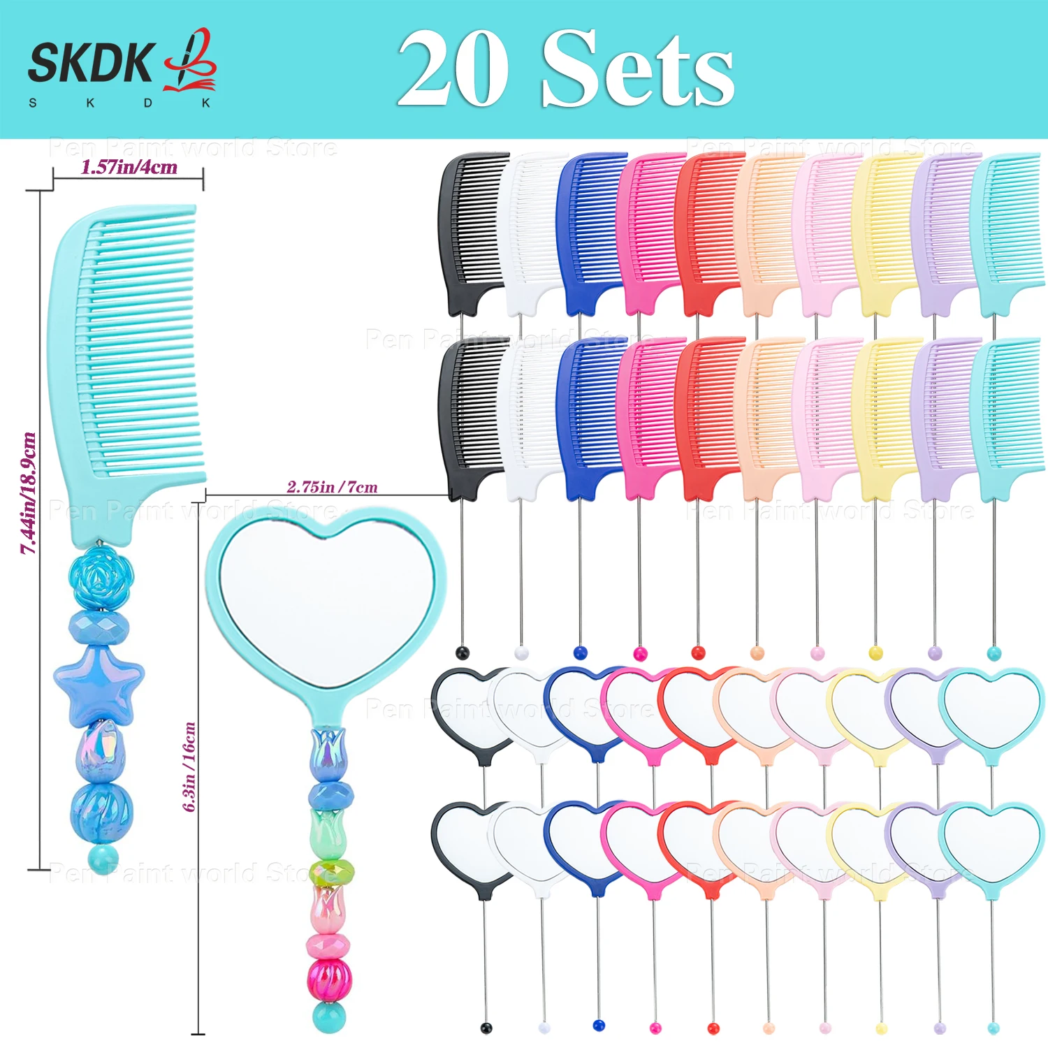 

20Sets DIY Heart Bead Mirror Comb Bookmark – Creative Stationery for Students and Book Lovers
