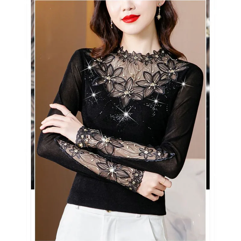 Autumn Winter New Women\'s Pullovers Solid Color O-Neck Long Sleeve Fashion Elegant Sequined Gauze Embroidery Sexy T-shirt Tops