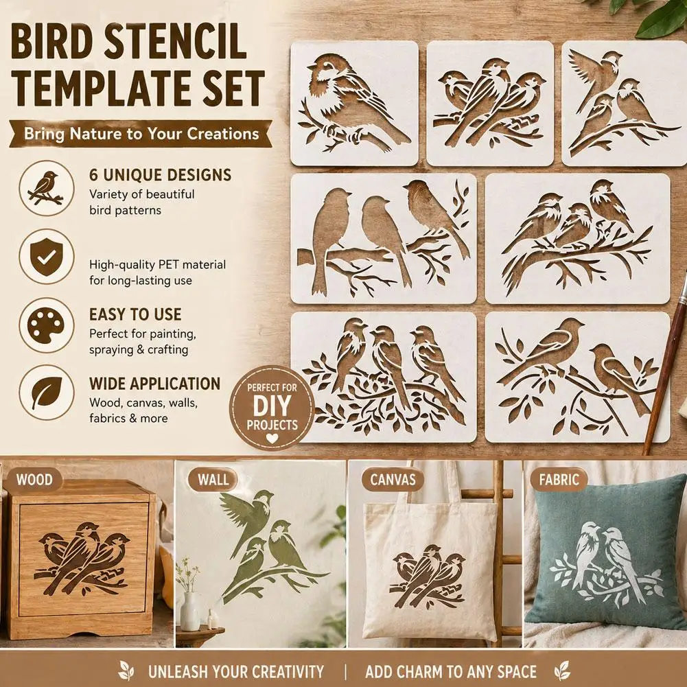 

7 Pcs Bird Painting Template Reusable Cutout Spray Templates Washable DIY Art Craft For Painting On Wood Wall Fabric Furniture