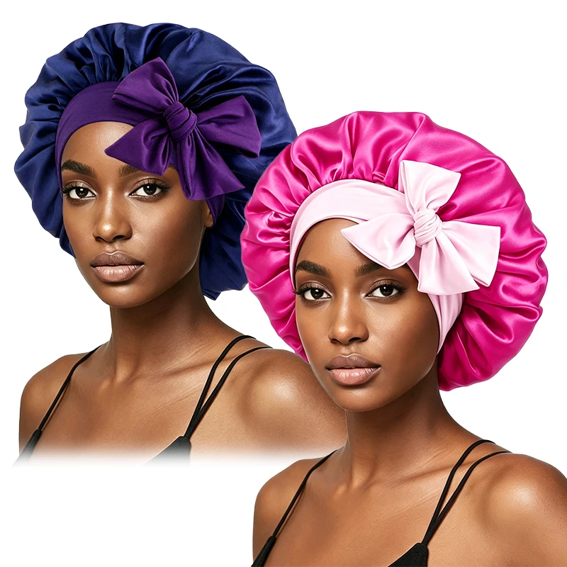 2PCS Women Satin Bonnet with Ribbon Headband Silk Feel Sleep Cap Elastic Hair Wrap Night Hat for Curly Hair Sleeping Beauty