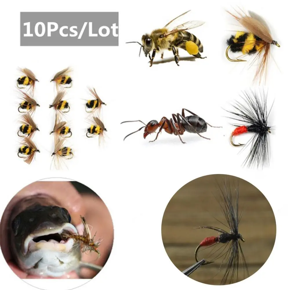 

10pcs New Artificial Portable Treble Hooks Insect Crank Bionic Bait Fly Trout Fishing Lures Bee Ant