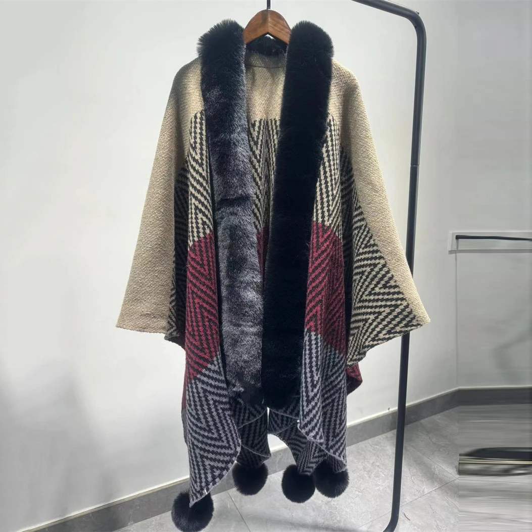 

Winter Women Thick Warm Striped Cape Faux Rabbit Fur Loose Poncho Capes Street Outerwear Long Cloak Overcoat With Ball Pompon