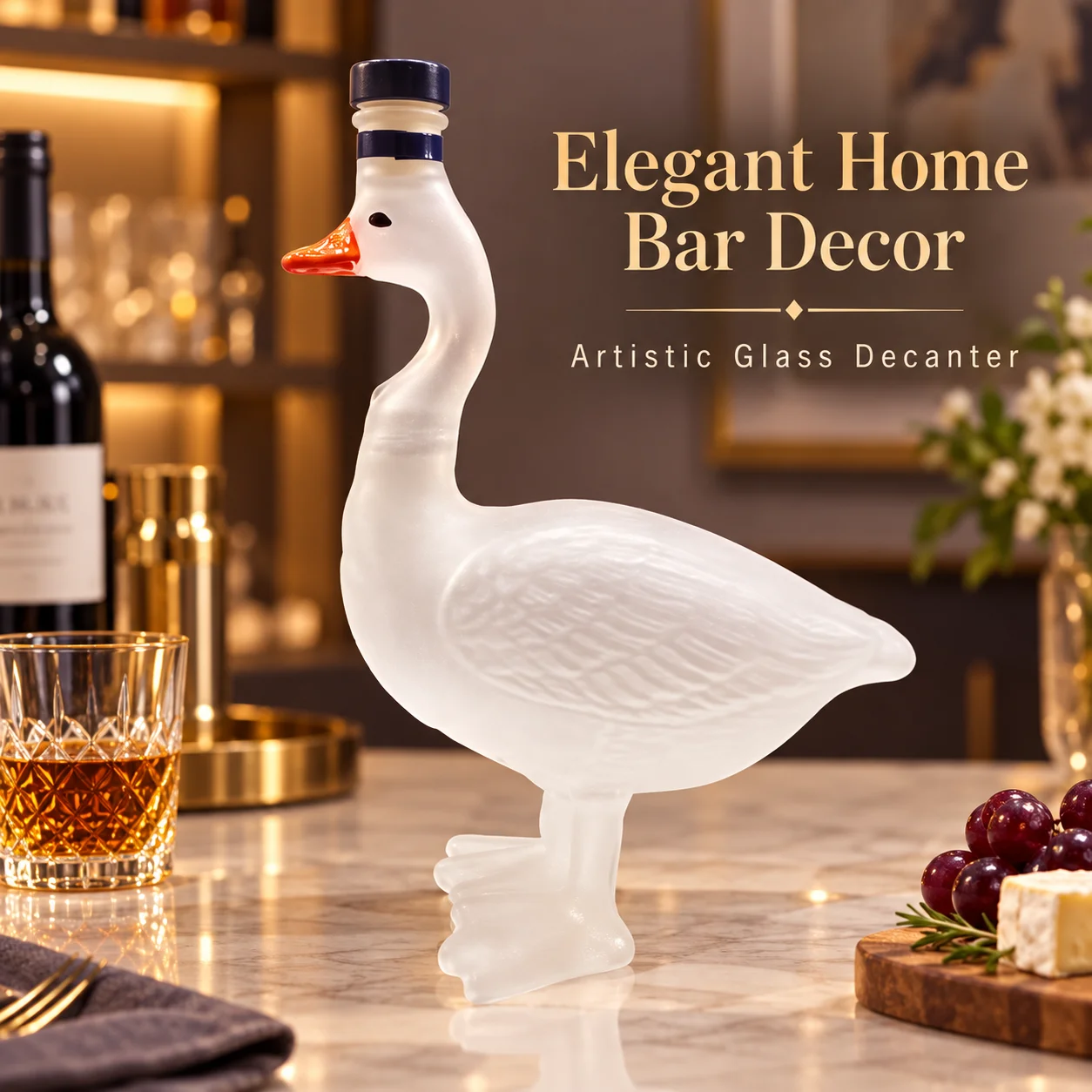 Goose Shaped Glass Whiskey Decanter, Novelty Animal Shape Liquor Wine Bottle for Vodka Storage, Home Bar Tabletop Decor Ornament