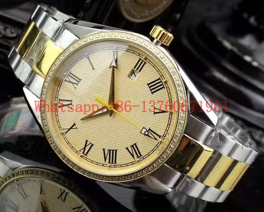 Luxury New Mens Automatic Mechanical Watch Stainless Steel Diamonds Silver Gold Black Leather Sapphire Glass Rome Dial 40mm