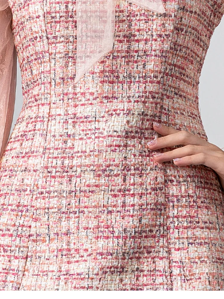 SMTHMA High Quality Lace Patchwork Colorful Tweed Dress Women\'s Small Fragrance Style Big Bow Ostrich Fur Woolen Dress