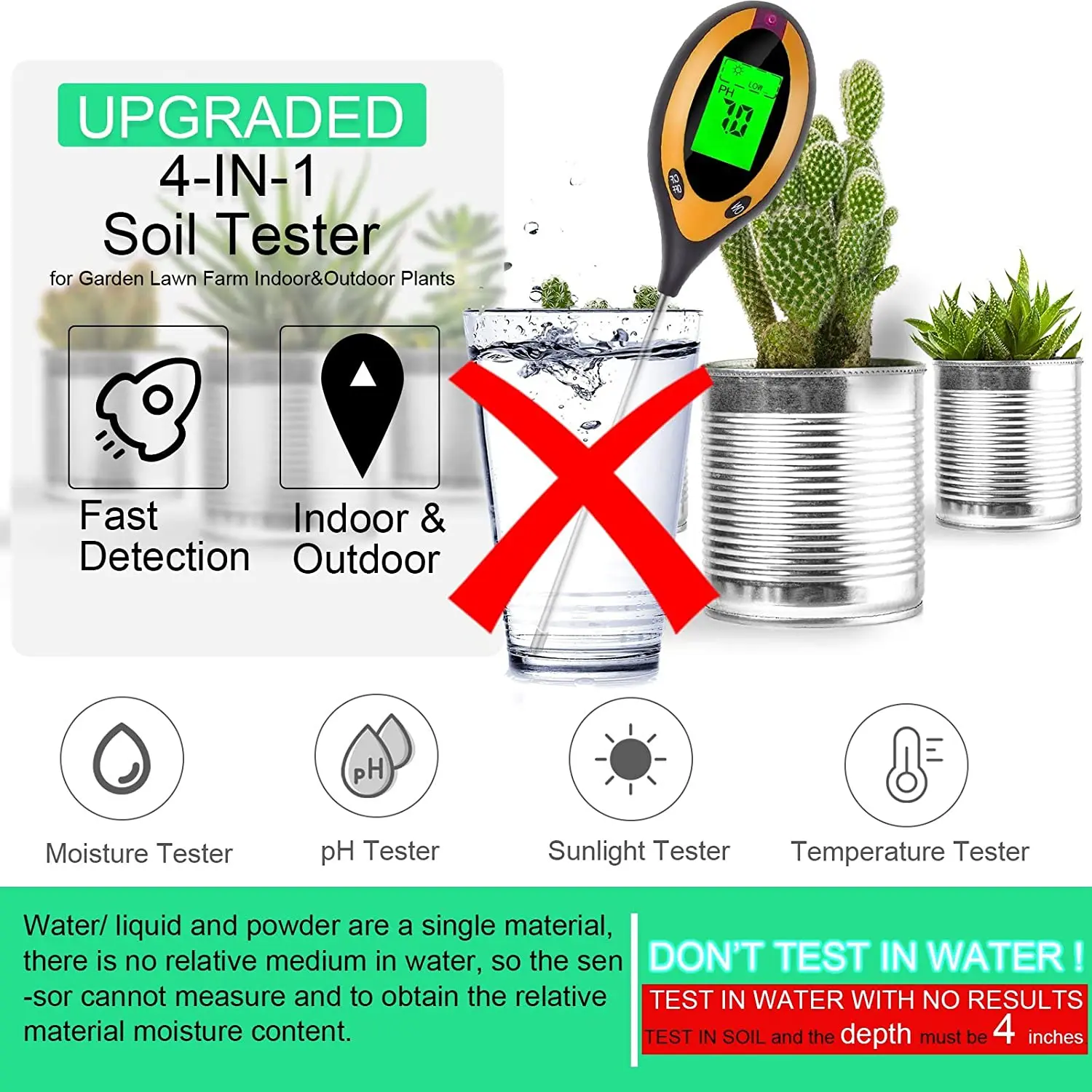 Digital 4/5 In 1 misuratore di PH del suolo misuratore di umidità temperatura Tester di luce solare per piante da giardinaggio agricoltura con Blacklight