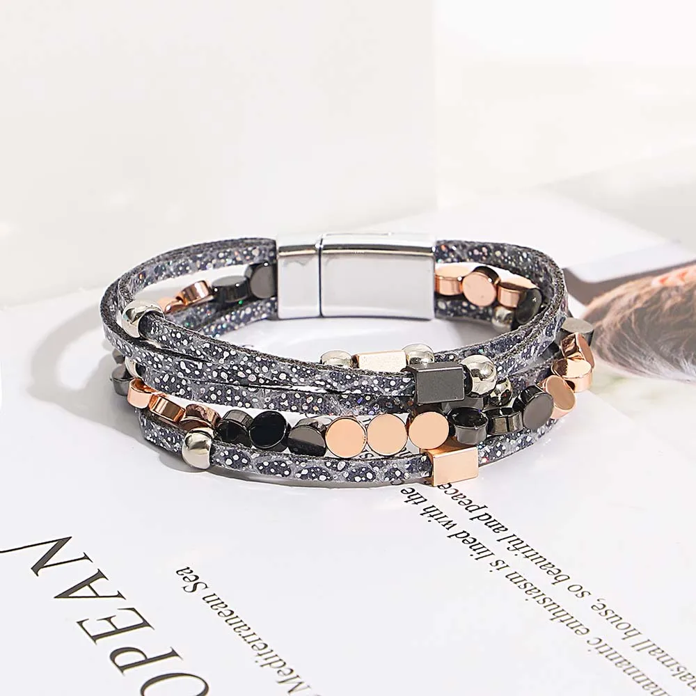 Amorcome Fashion Copper Alloy Beads Bracelet for Women Boho Printed Soft Leather Multilayer Wide Wrap Bracelets Jewelry Gifts