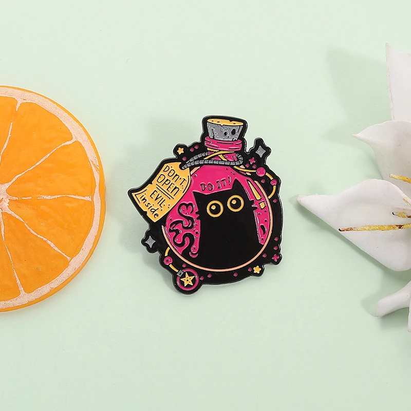 Cartoon Witch Black Cat Elf Enamel Pin Don't Open Evil Inside Big Eyes Kitten Brooch Lapel Badge Funny Jewelry Gift for Friends image 2