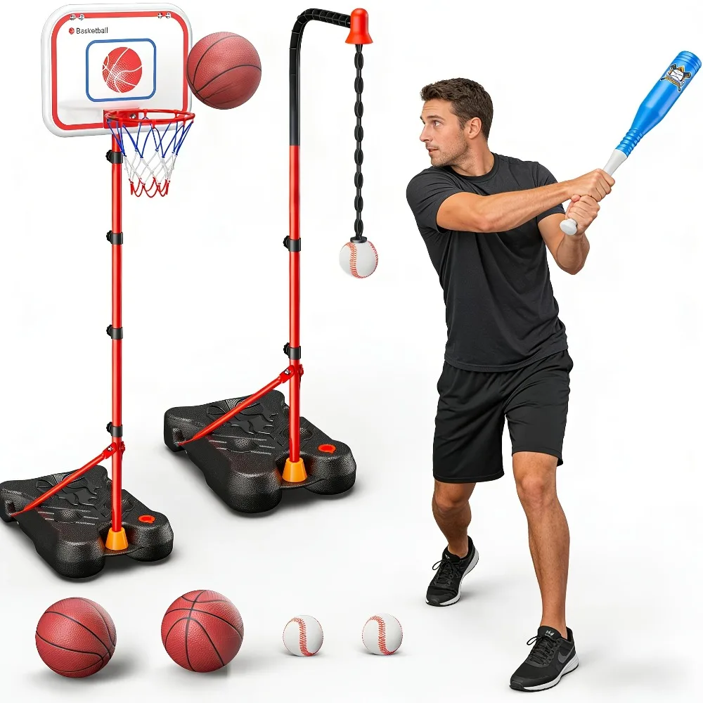 

3-In-1 Kids Basketball Hoop and T Ball Set Adjustable Toddler Basketball Hoop Hanging Tee Ball Outdoor Birthday Sport Toys
