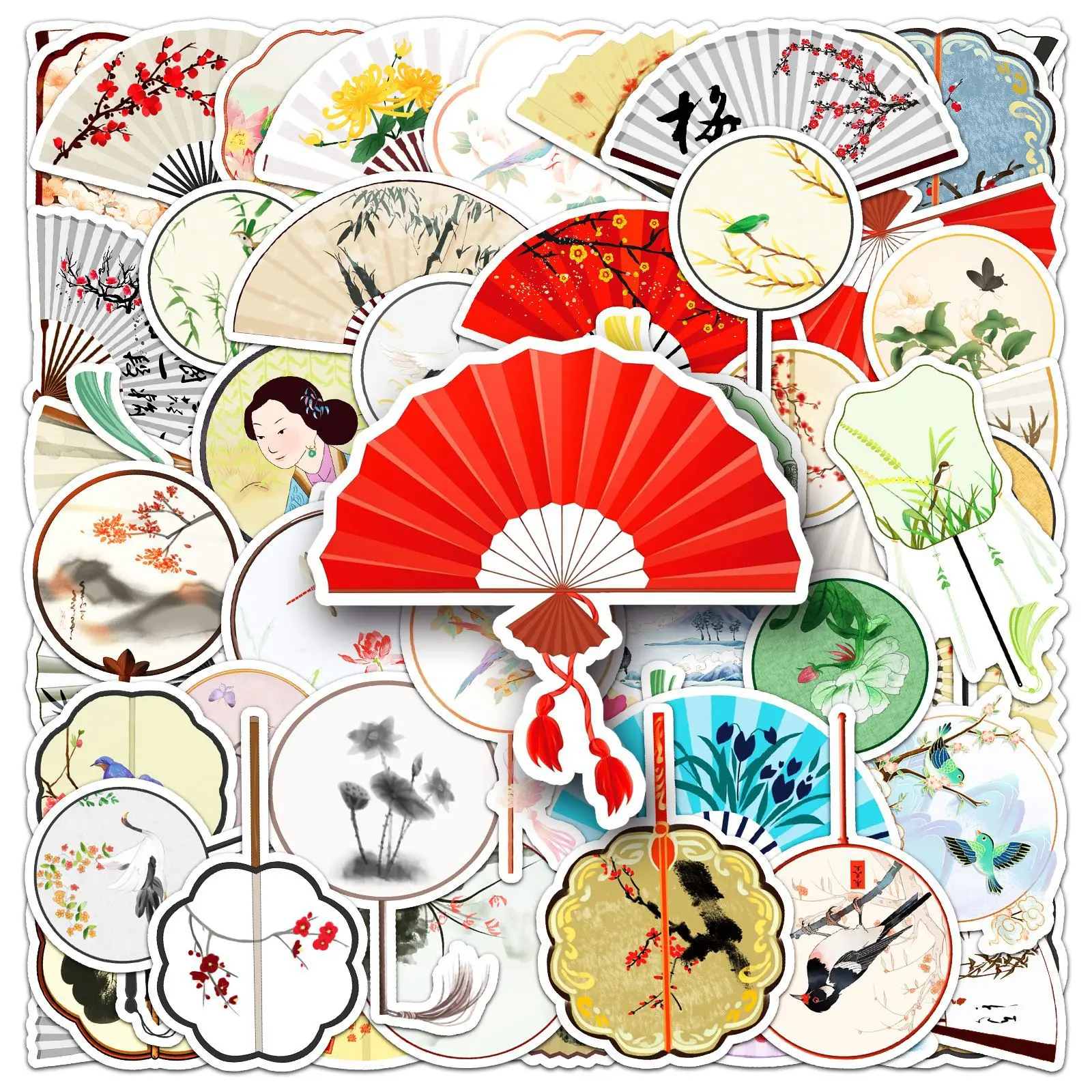 

50-100PCS Fan Graffiti Stickers, Chinese Ancient-Style Creative Decorative Stickers for Water Cups, Mobile Phone Cases, Luggage