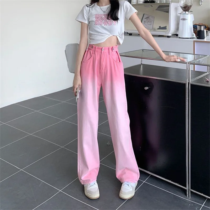 Celana Jeans Gradien Pinggang Tinggi Wanita Musim Semi Musim Panas Celana Pantalon Denim Lurus Wanita Korea Celana Koboi Kaki Lebar Wanita 2025