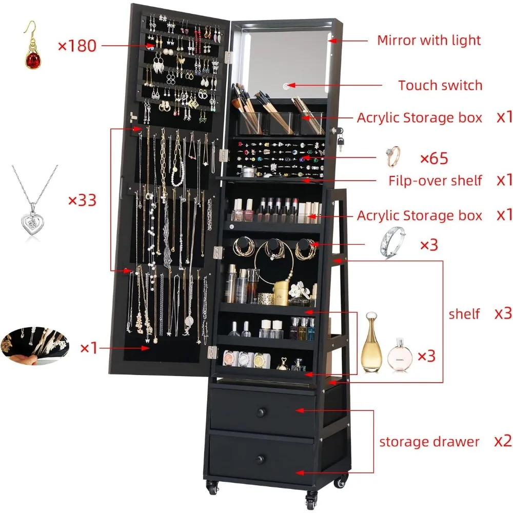 Armario de joyería con espejo, organizador de joyas de gran capacidad, espejo de pie con almacenamiento trasero