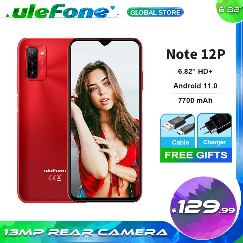 Ulefone Note 12P 4GB+64GB SC9863A Mobile Phone 7700mAh Big Battery 6.82 inch Android 11 Triple Back Cameras OTG Unlock Cellphone