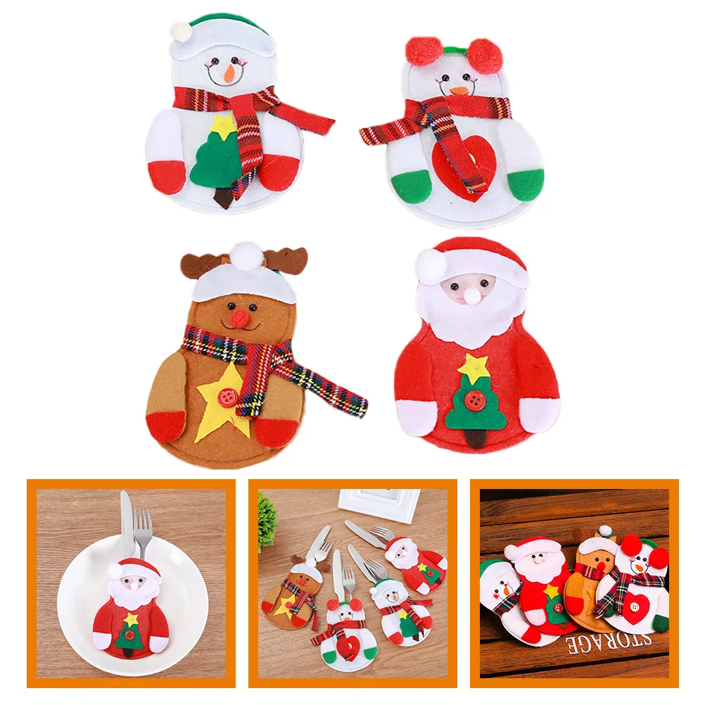

4Pcs Christmas Cutlery Pouch Snowman Fork Holder Festive Tableware Storage for Holiday Dinner Party Decoration